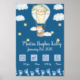 Cute Baby Blue Hot Air Balloon Gift - Baby Data Poster