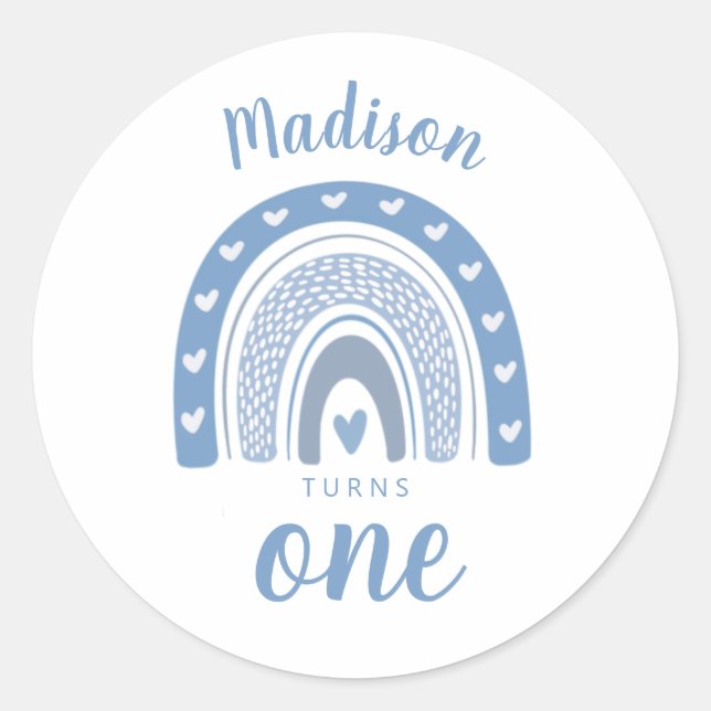 Cute Baby Blue Rainbow Boho First Birthday Classic Round Sticker (Front)