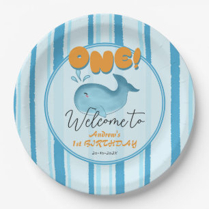 Cute Baby Blue Whale 1st Birthday Paper Plate