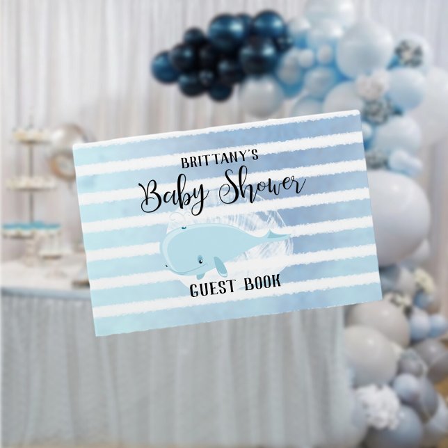 Cute Baby Blue Whale Striped Baby Shower Guest Book (Creator Uploaded)