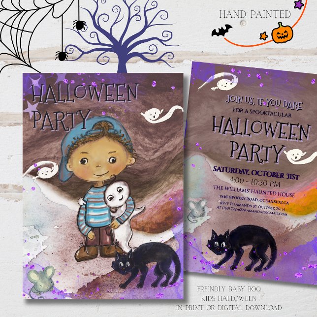 Cute Baby boo, cat & Boy Halloween Party  Invitation (Cute Baby boo, cat & Boy Halloween Party Invitation)