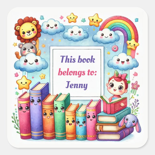 Cute Baby books with Rainbow and clouds Square Sticker (Front)