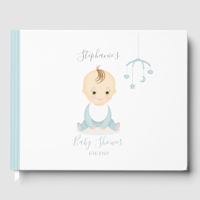 Cute Baby Boy and his Mobile Baby Shower Guest Book (Front)