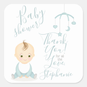 Cute Baby Boy and his Mobile Baby Shower Square Sticker