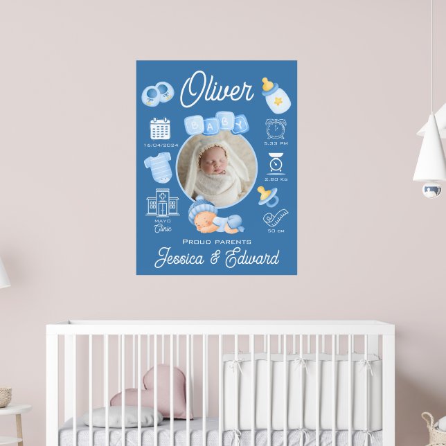 Cute Baby Boy Birth Stats Blue Newborn Modern Poster (Nursery 2)