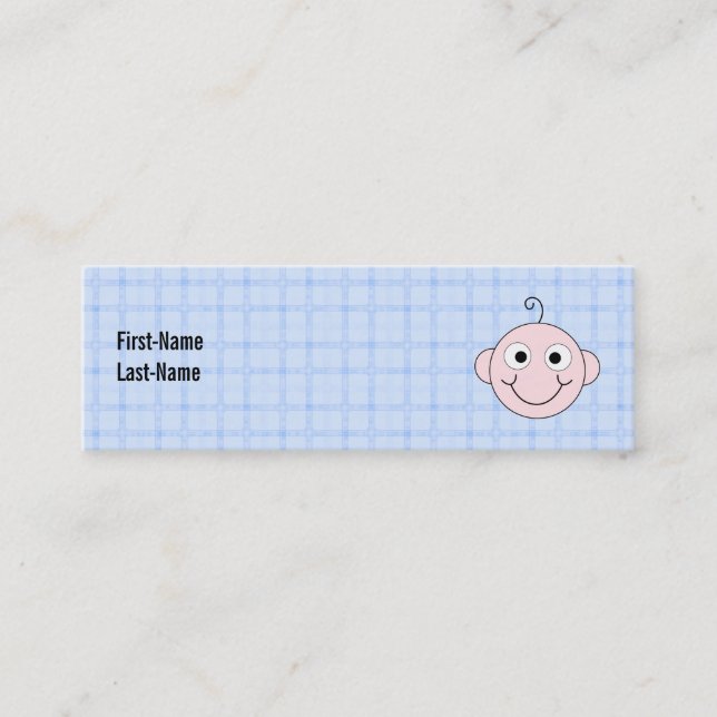 Cute Baby Boy. Blue Check Background. Mini Business Card (Front)