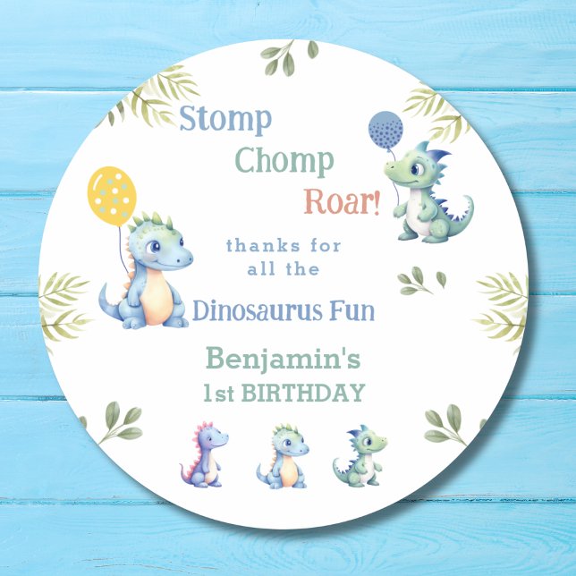 Cute Baby Boy Blue Dinosaur 1st Birthday Thank You Classic Round Sticker (Creator Uploaded)