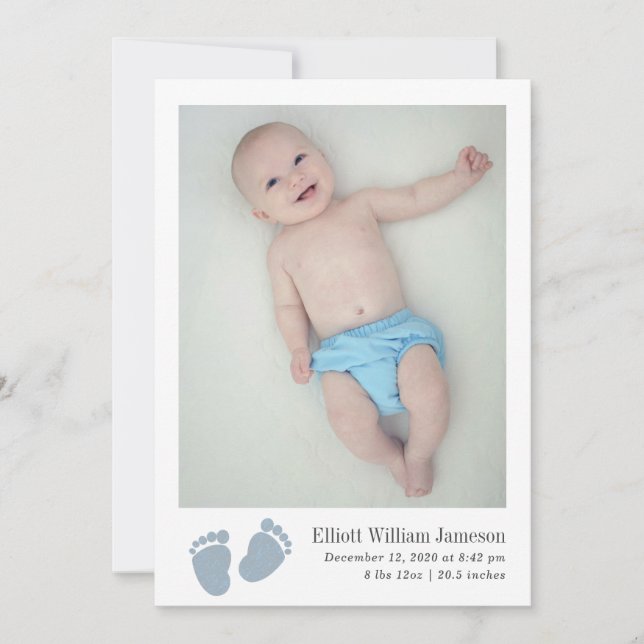 Cute Baby Boy Blue Footprint Newborn Photo Birth Announcement (Front)