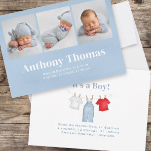 Cute Baby Boy Blue Photo Personalised  Announcement