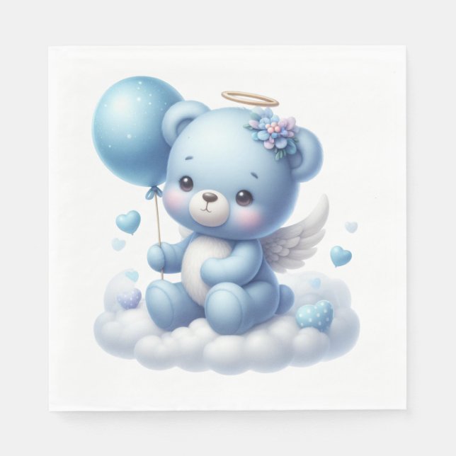 CUTE BABY BOY BLUE TEDDY BEAR WITH BALLOON NAPKIN (Front)