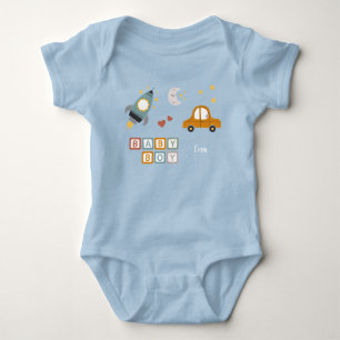 Cute Baby Boy Car and Rocket Ship Toys with Name Bodysuit