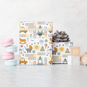 Cute Baby Boy Car and Toy Pattern with Name Wrapping Paper