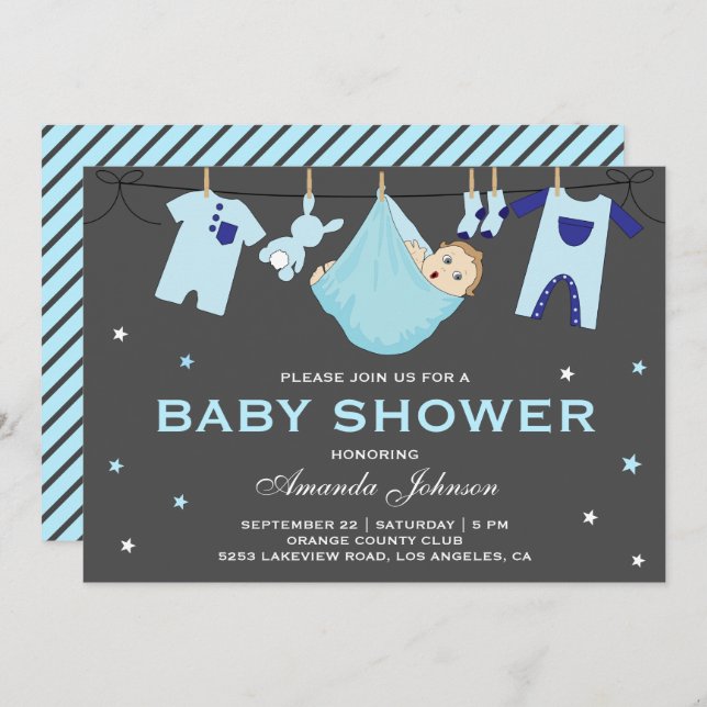Cute Baby Boy Clothesline Baby Shower Invitation (Front/Back)