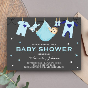 Cute Baby Boy Clothesline Baby Shower Invitation