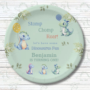 Cute Baby Boy Dinosaur 1st Birthday Party Paper Plate