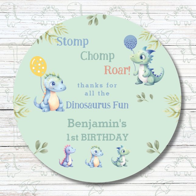 Cute Baby Boy Dinosaur 1st Birthday Thank You Classic Round Sticker (Creator Uploaded)