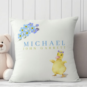 Cute baby boy duck pastel blue floral nursery cushion