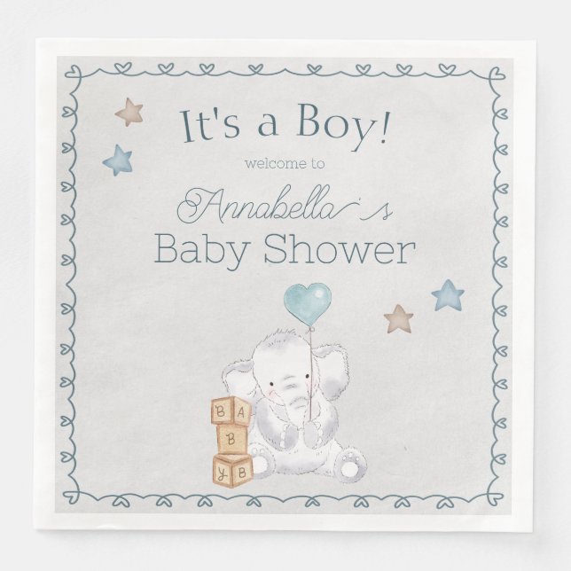 Cute Baby Boy Elephant and Balloon Watercolor Napkin (Front)