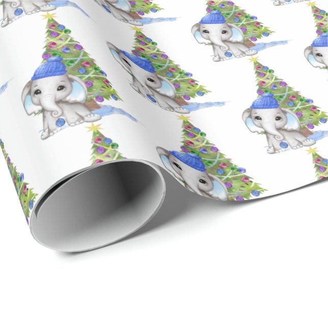 Cute Baby Boy Elephant Christmas Tree Wrapping Paper (Roll Corner)