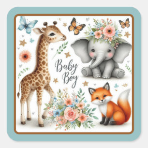 Cute Baby Boy Elephant, Fox and Giraffe Square Sticker