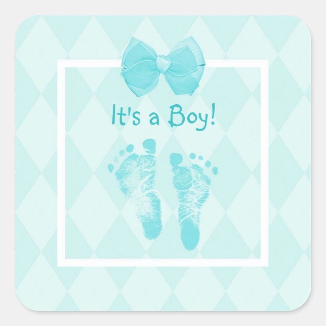 Cute Baby Boy Footprints Baby Shower Blue Ribbon Square Sticker (Front)