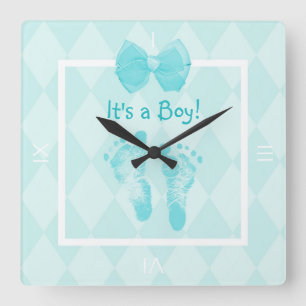 Cute Baby Boy Footprints Birth Announcement Square Wall Clock