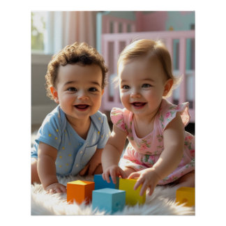 Cute Baby Boy & Girl Playing in a Sunlit Nursery Poster