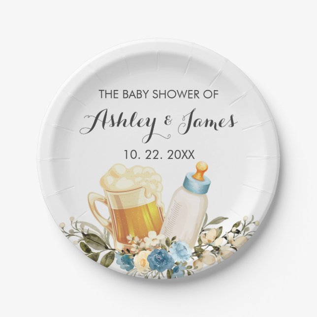 Cute Baby Boy is Brewing Blue Cheers Baby Shower Paper Plate (Front)