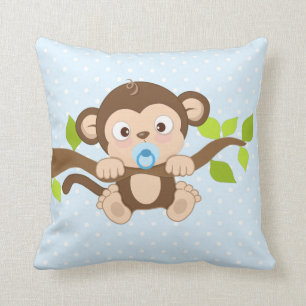 Cute Baby Boy Monkey Blue Polka Dots Throw Pillow