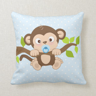 Cute Baby Boy Monkey Blue Polka Dots Throw Pillow