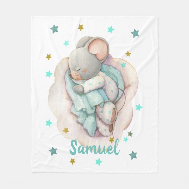 Cute baby boy mouse sleeping on a cloud fleece blanket (Front)