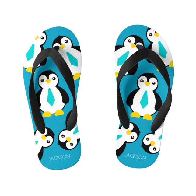 Cute Baby Boy Penguins with Blue Neckties Kid's Jandals (Footbed)