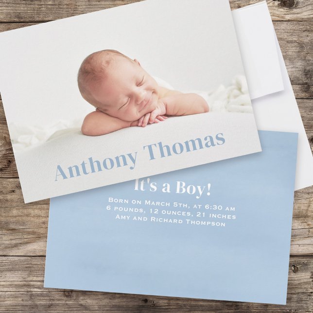 Cute Baby Boy Photo Whimsical Simple Denim Blue Announcement (Creator Uploaded)