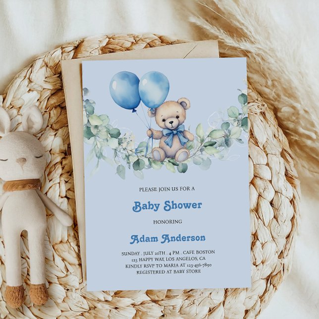 Cute Baby Boy Shower Invite – Blue Balloons & Bear (Creator Uploaded)