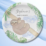 Cute Baby Boy Sloth Baby Shower Paper Plate<br><div class="desc">Cute Baby Boy Sloth Baby Shower Paper Plate. This fun baby shower paper plate features a sweet smiling baby sloth hanging from a branch, with green watercolor jungle leaves and blue clouds. All the text is customisable. There are matching napkins in my store. Because we create our own artwork you...</div>