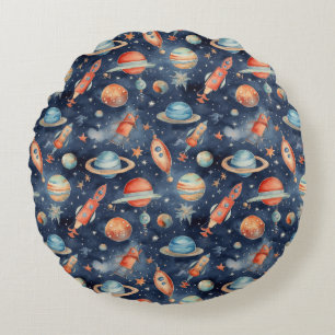 Cute Baby Boy Space Planet Watercolor Blue Orange Round Cushion