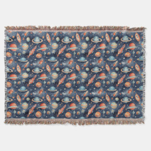 Cute Baby Boy Space Planet Watercolor Blue Orange Throw Blanket