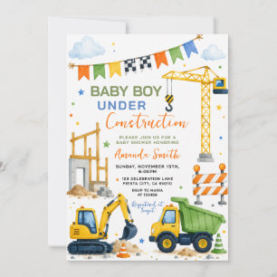 Cute Baby Boy Under Truck Construction Baby Shower Invitation