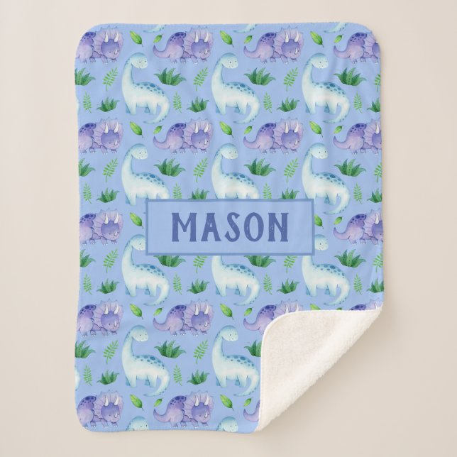 Cute Baby Boy Watercolor Dinosaur Personalised Sherpa Blanket (Front)