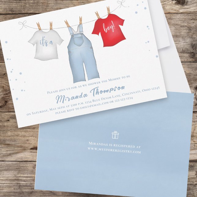 Cute Baby Boy Whimsical Denim Blue Baby Clothes Invitation (Creator Uploaded)
