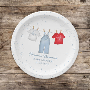 Cute Baby Boy Whimsical Denim Blue Baby Clothes Paper Plate