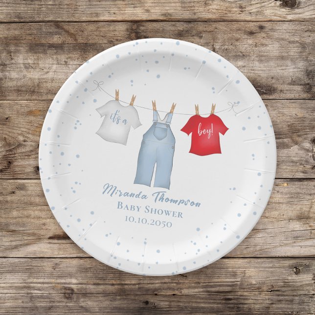 Cute Baby Boy Whimsical Denim Blue Baby Clothes Paper Plate (Creator Uploaded)