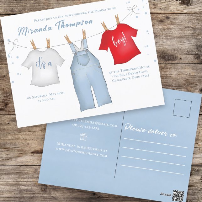 Cute Baby Boy Whimsical Denim Blue Baby Clothes Postcard (Creator Uploaded)