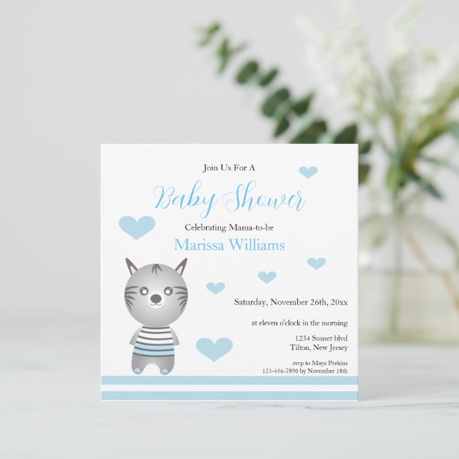 Cute Baby Boy Zebra Blue Hearts Invitation (Standing Front)