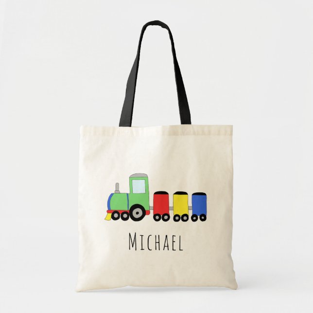 Cute Baby Boy's Locomotive Train and Name Tote Bag (Front)