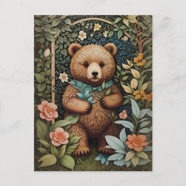 Cute Baby Brown Bear William Morris Inspired  Postcard (Front)