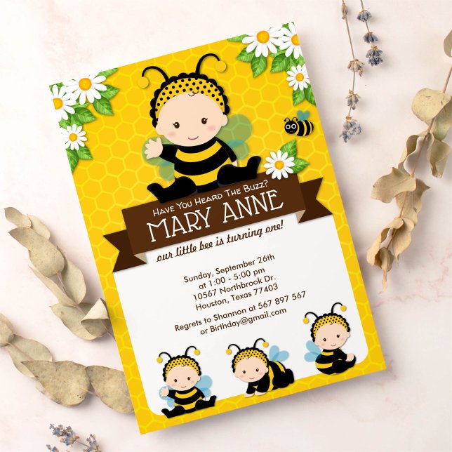Cute Baby Bumble Bee Honey Bee 1st Birthday Invitation (Creator Uploaded)