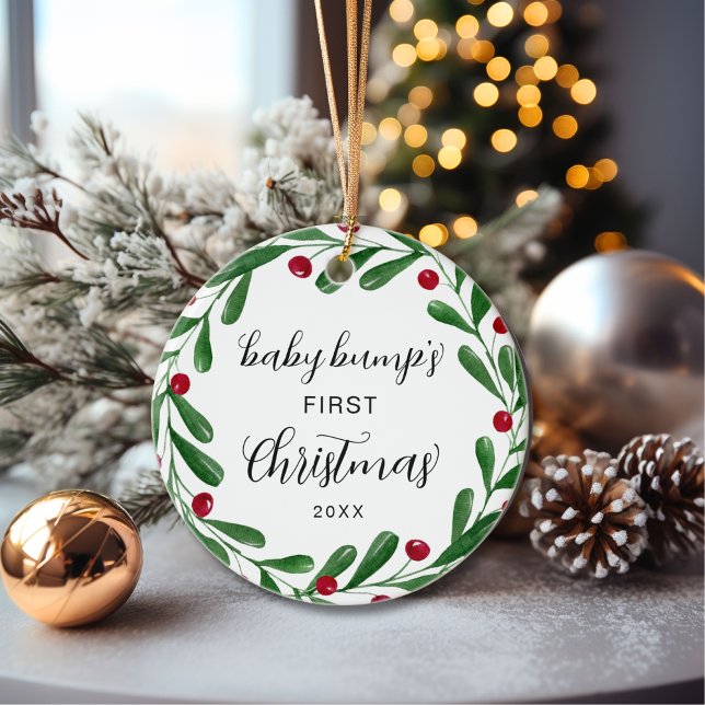Cute Baby Bump's First Christmas Wreath Ceramic Tree Decoration (Creator Uploaded)