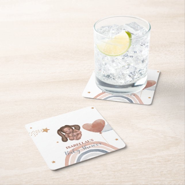 Cute baby bunny African american kids baby shower Square Paper Coaster (Insitu)