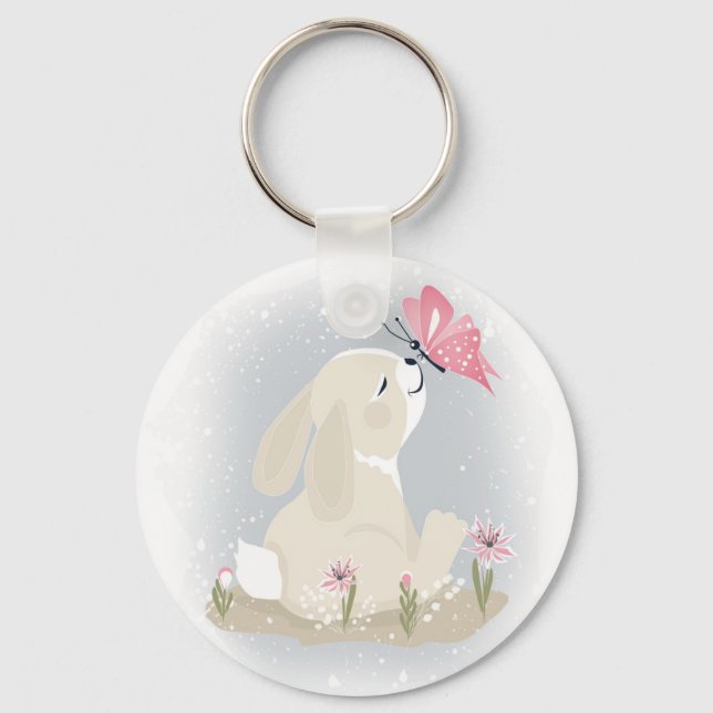 Cute baby Bunny and butterfly. Key Ring (Front)
